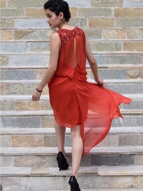 Free People Women's Red Sleeveless Chiffon Dress with Open Back